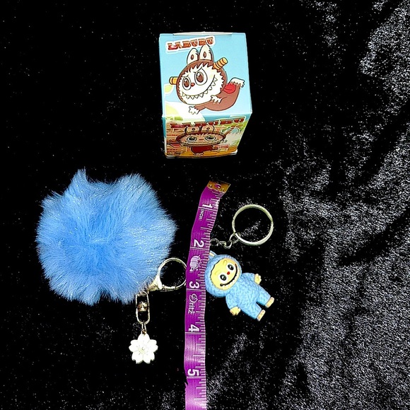 Labubu Blue Keychain Toy With Blue Pom Pom and Flower Charm#2 - Picture 9 of 12